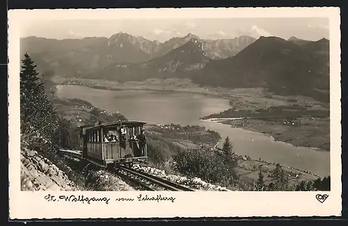 AK St. Wolfgang, Blick vom Schafberg aus und Bergbahn