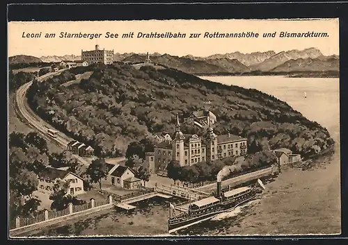 AK Leoni, Starnberger See mit Drahtseilbahn zur Rottmannshöhe & Bismarckturm