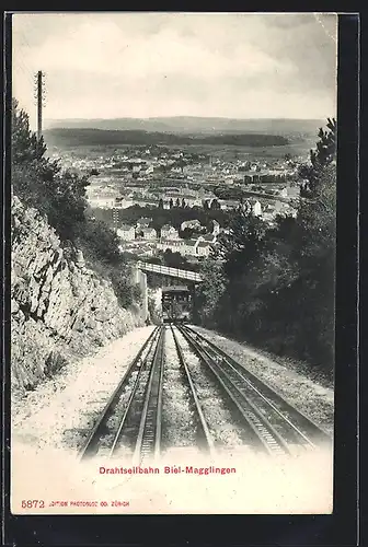 AK Drahtseilbahn Biel-Magglingen mit Blick auf den Ort