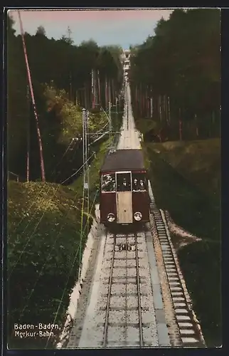 AK Baden-Baden, Ansicht der Merkur-Bahn zwischen den Wäldern