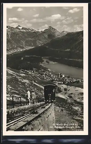 AK St. Moritz-Dorf, Chantarella-Corviglia-Bahn fährt den Berg hinauf