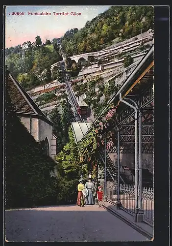 AK Funiculaire Territet-Glion, Passanten am Bahnhof der Bergbahn