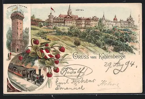 Vorläufer-Lithographie Kahlenberge, 1894, Hotel, Aussichtsturm, Bergbahn