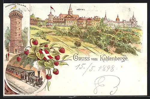 Lithographie Wien-Kahlenberg, Bergbahn, Aussichtsturm und Hotel