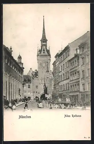 AK München, Pferdefuhrwerk am alten Rathaus