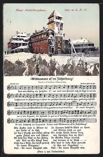 AK Fichtelberg, Neues Fichtelberghaus im Schnee, Willkumme of`en Fichtelbarg!, Lied mit Noten