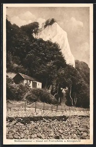 AK Stubbenkammer, Strand mit Fischerhütte und Königsstuhl