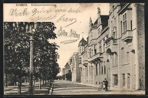 AK Krefeld, Hohenzollernstrasse mit Radfahrer
