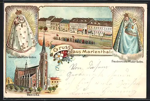 Lithographie Marienthal, Hotel zum Pflug und Hotel zur Basilika, Schmerzhafte Mutter Gottes, Freudenreiche Mutter Gottes