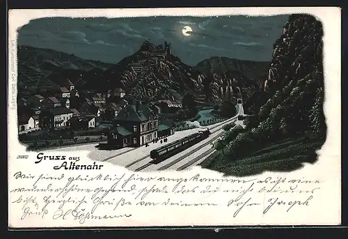 Lithographie Altenahr, Bahnhof bei Mondschein