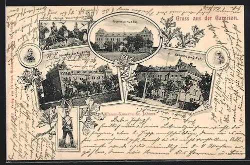 AK St. Johann /Saarbrücken, Ulanen-Kaserne, Kaserne der 2. u. 4. Esk., Soldat in Uniform, Kaiser Wilhelm II.