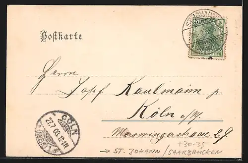 AK St. Johann /Saarbrücken, Ulanen-Kaserne, Kaserne der 2. u. 4. Esk., Soldat in Uniform, Kaiser Wilhelm II.