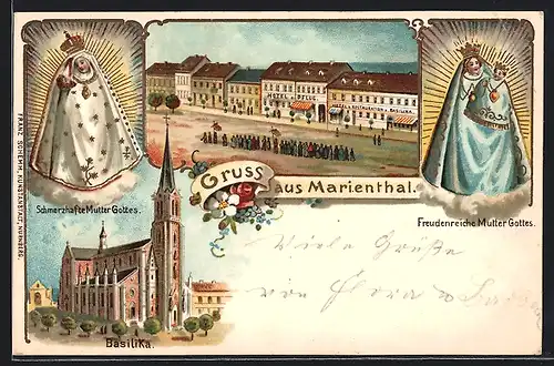 Künstler-AK Marienthal, Hotel zum Pflug und Hotel zur Basilika, Schmerzhafte Mutter Gottes, Freudenreiche Mutter Gottes