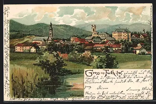 Lithographie Furth i. W., Ortsansicht mit Kirche