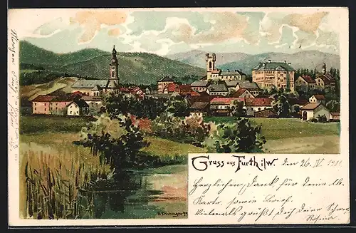 Lithographie Furth i. W., Ortsansicht mit Kirche