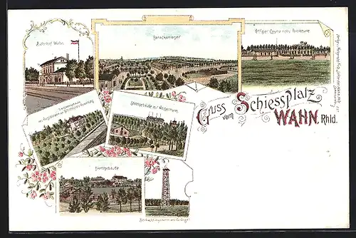 Lithographie Köln-Wahn, Schiessplatz, Bahnhof Wahn, Barakenlager, Offizier Casino nebst Parolehütte
