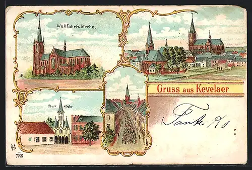 Lithographie Kevelaer, Wallfahrtskirche, Pfarrkirche, Strassenpartie