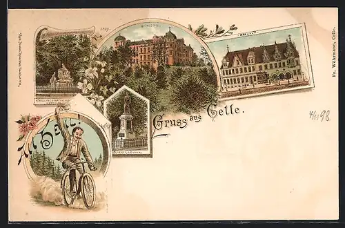 Lithographie Celle, Rathaus, Schloss, Krieger-Denkmal