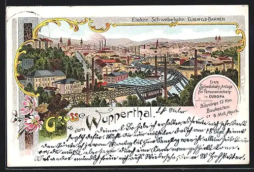 Lithographie Wupperthal, Elektr. Schwebebahn Elberfeld-Barmen