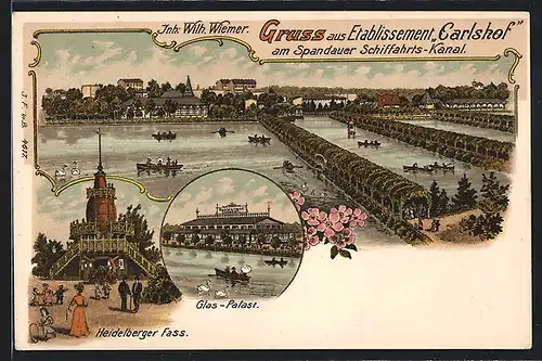 Lithographie Berlin-Charlottenburg, Gasthaus Carlshof, Glaspalast, Heidelberger Fass