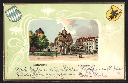 Passepartout-Lithographie München, Künstlerhaus mit Litfasssäule, Wappen