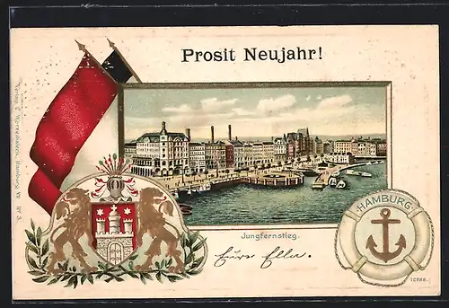 Passepartout-Lithographie Hamburg-Neustadt, Jungfernstieg, Wappen