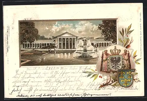 Passepartout-Lithographie Wiesbaden, Colonnaden, Wappen