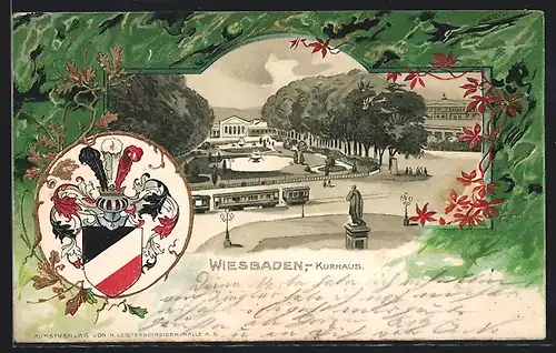 Passepartout-Lithographie Wiesbaden, Kurhaus, Ritterhelm und Wappen
