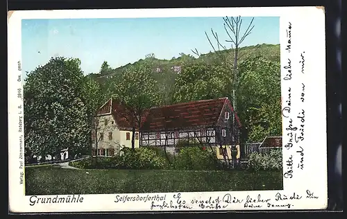 Goldfenster-AK Liegau-Augustusbad, Gasthaus Grundmühle im Seifersdorferthal