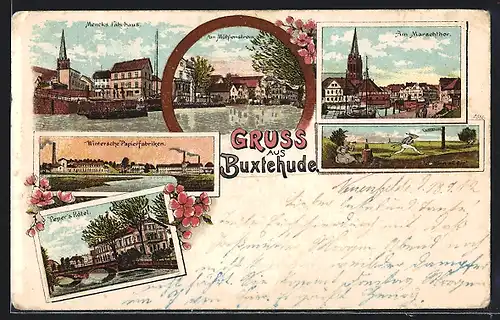 Lithographie Buxtehude, Gasthof Mencks Fährhaus, Pepers Hotel, Wintersche Papierfabriken