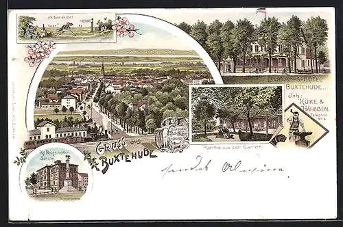 Lithographie Buxtehude, Ortsansicht aus der Vogelschau, Bahnhofshotel, Gartenpartie, Kgl. Baugewerk-Schule