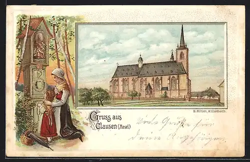Präge-Künstler-AK Clausen /Mosel, Kirche, Frau und Mädchen an einer Kapelle, Passepartout