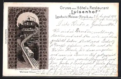 Lithographie Dresden-Weisser Hirsch, Hotel & Restaurant Luisenhof mit Drahtseilbahn