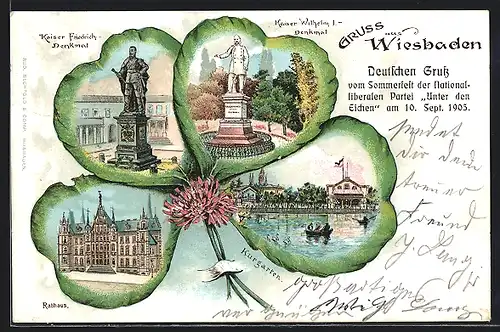 Passepartout-Lithographie Wiesbaden, Rathaus, Kurgarten und Kaiser Friedrich-Denkmal im Kleeblatt