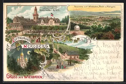 Lithographie Wiesbaden, Neroberg, Hotel-Restaurant u. Weinhandlung Gebr. Krell, Weinberg und Drahtseilbahn