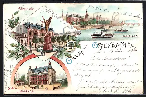 Lithographie Offenbach a. M., Aliceplatz, Schloss Isenburg, Totalansicht
