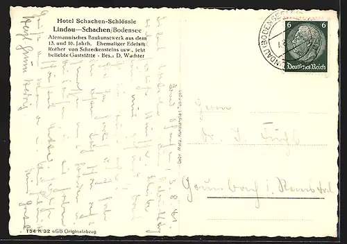 AK Lindau-Schachen /Bodensee, Hotel Schachen-Schlössle, Bes. D. Wachter