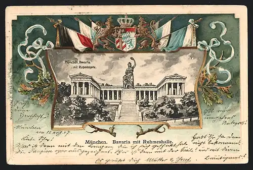Passepartout-Lithographie München, Bavaria mit Ruhmeshalle, Wappen und Flaggen