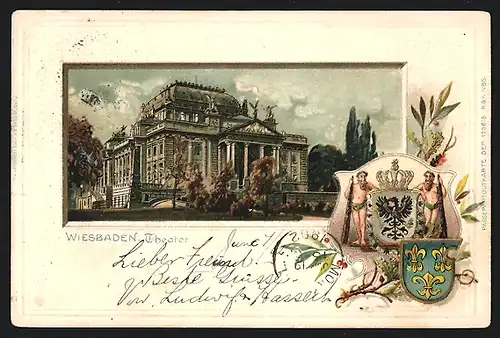 Passepartout-Lithographie Wiesbaden, Blick auf das Theater, Wappen