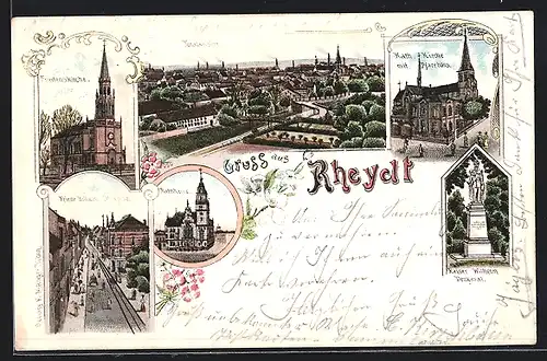 Lithographie Rheydt, Friedenskirche, Totalansicht, Friedrich-Wilhelm-Strasse, Rathaus, Friedrich-Wilhelm-Strasse