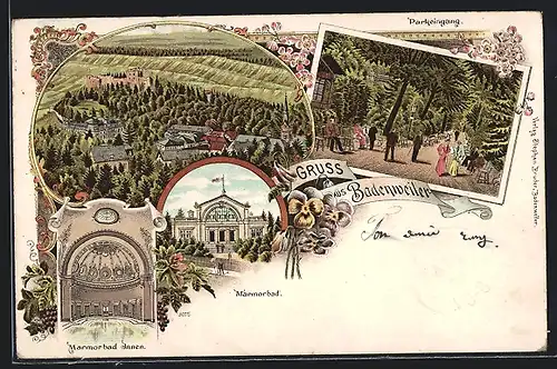 Lithographie Badenweiler, Innenansicht des Marmorbad, Parkeingang