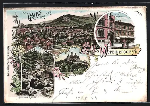 Lithographie Wernigerode, Hotel Wiener Hof, Schloss, Steinerne Renne