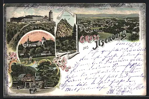 Lithographie Ilsenburg, Gasthaus Prinzess Ilse, Brocken-Ansicht, Schloss Ilsenburg