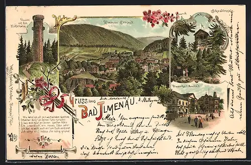 Lithographie Bad Ilmenau, Schwalbenstein, Wasserheil-Anstalt, Thurm auf dem Kickelhahn