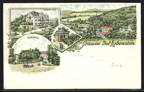 Lithographie Bad Liebenstein, Schloss Altenstein, Kurhaus, Gesamtansicht