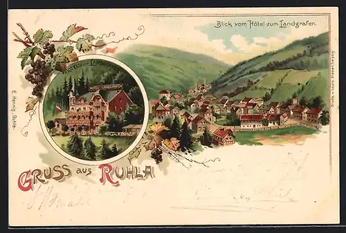 Lithographie Ruhla, Hotel zum Landgrafen, Ausblick vom Hotel