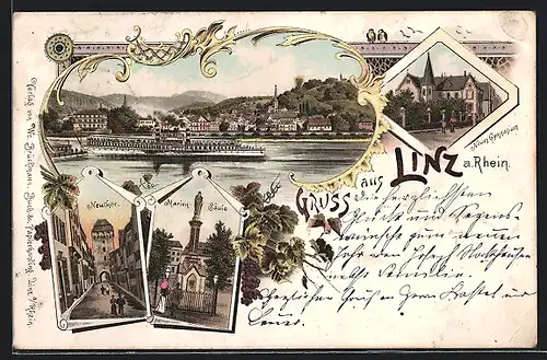 Vorläufer-Lithographie Linz am Rhein, 1895, Neuthor, Mariensäule und Neues Gymnasium