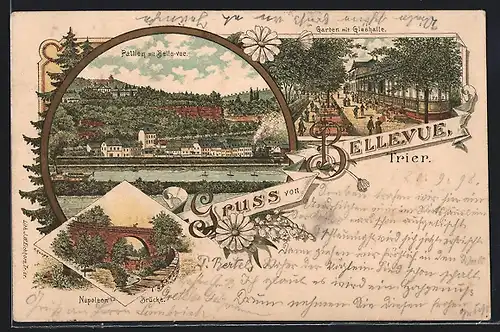 Lithographie Trier, Gastwirtschaft Bellevue, Garten m. Glashalle, Napoleon`s Brücke