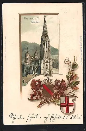 Passepartout-Lithographie Freiburg i. B., Ansicht vom Münster, Wappen