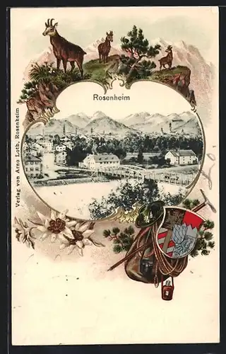 Passepartout-Lithographie Rosenheim / Obb., Totalansicht, Gämse, Wappen